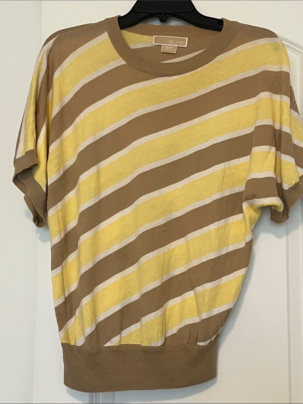 MICHAEL Michael Kors Diagonal Stripe Short Sleeve Top - Yellow, Tan & Cream